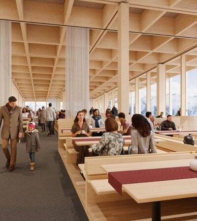 Neubau Restaurant Grüneck | © Golm Silvretta Lünersee Tourismus GmbH Bregenz Rendering von der Inneneinrichtung des Neubaus vom Restaurant Grüneck | © Golm Silvretta Lünersee Tourismus GmbH Bregenz