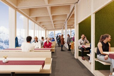 Neubau Restaurant Grüneck | © Golm Silvretta Lünersee Tourismus GmbH Bregenz Rendering von der Inneneinrichtung des Neubaus vom Restaurant Grüneck | © Golm Silvretta Lünersee Tourismus GmbH Bregenz