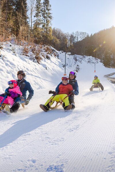 Tobogganing on the Erlebnisberg Golm in Montafon | © Golm Silvretta Lünersee Tourismus GmbH Bregenz, Stefan Kothner A family of five tobogganing down the toboggan run on the Erlebnisberg Golm | © Golm Silvretta Lünersee Tourismus GmbH Bregenz, Stefan Kothner