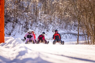Four friends tobogganing down the toboggan run on the Erlebnisberg Golm together | © Golm Silvretta Lünersee Tourismus GmbH Bregenz, Stefan Kothner