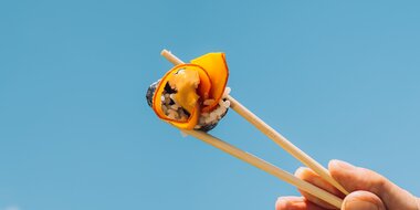 Sushi, dass von zwei Essstäbchen gehalten wird | © Hochgenuss - Streetfoodmarkt mit Stil, goodguypaez